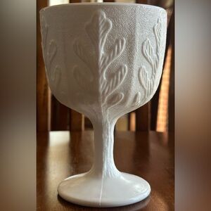 Vintage 1975 FTD Milk Glass Goblet Vase Textured Stem Botanical Relief
